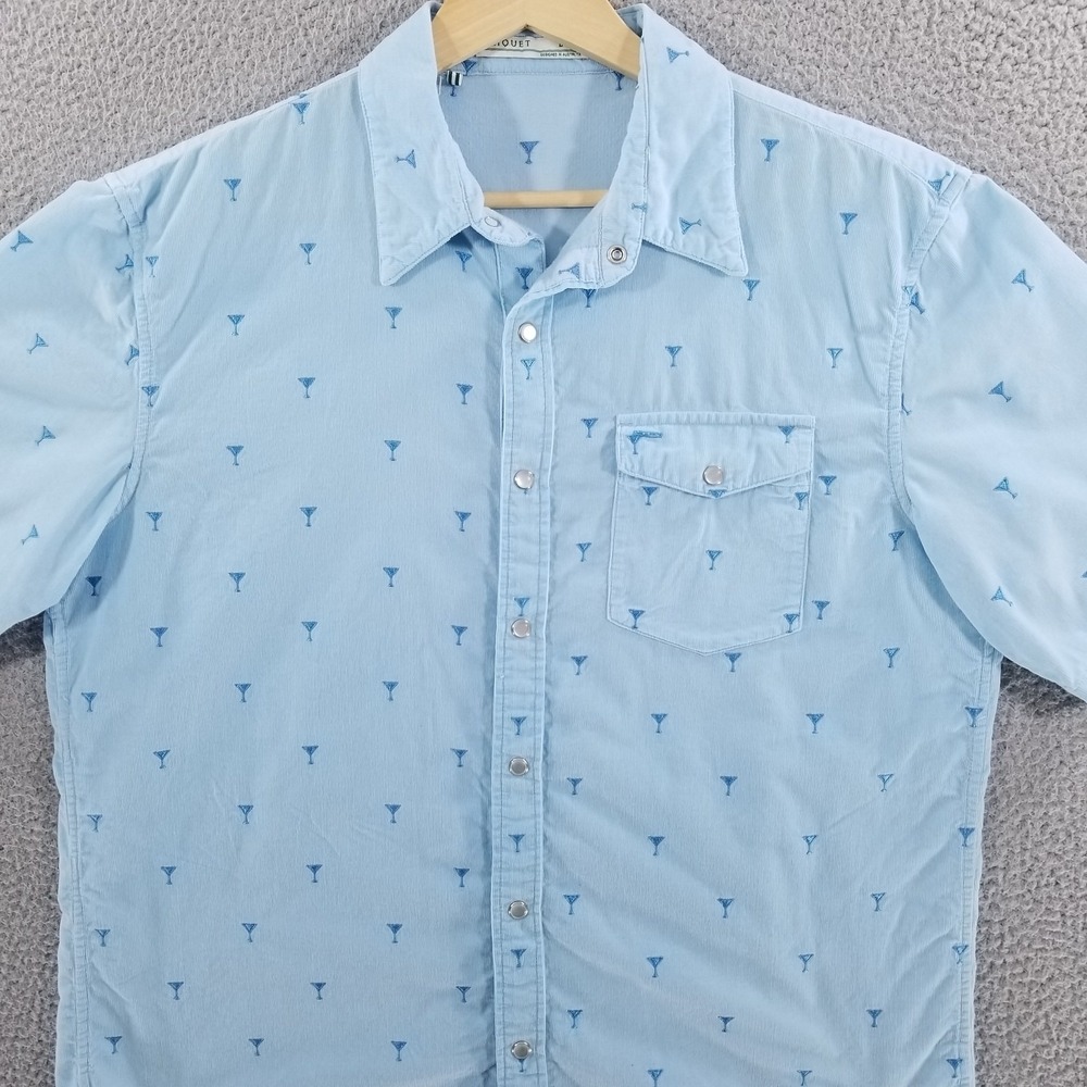 Criquet Shirt Mens Large Blue Corduroy Pinwale Peal Snap Martini Cocktails Party
